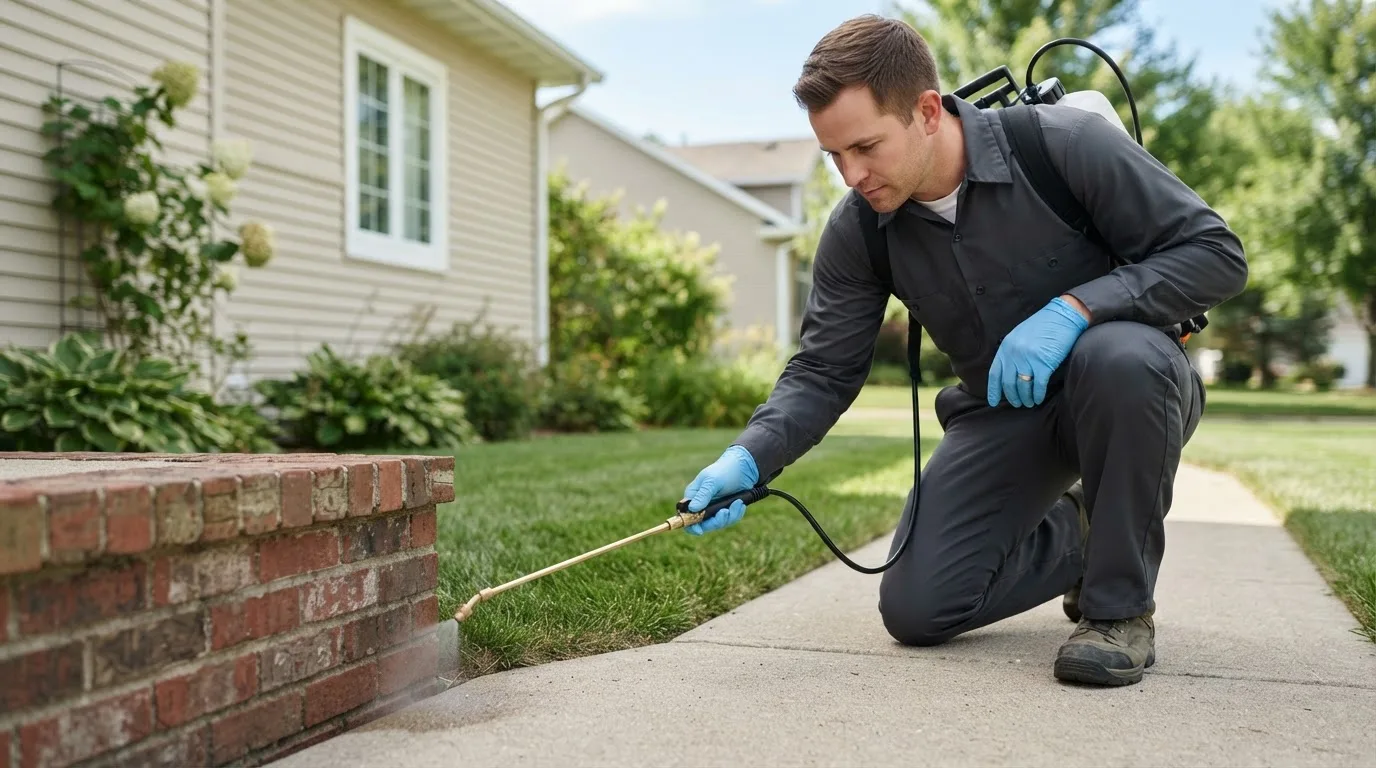 Pest control technician treating a home near Oswego, KS