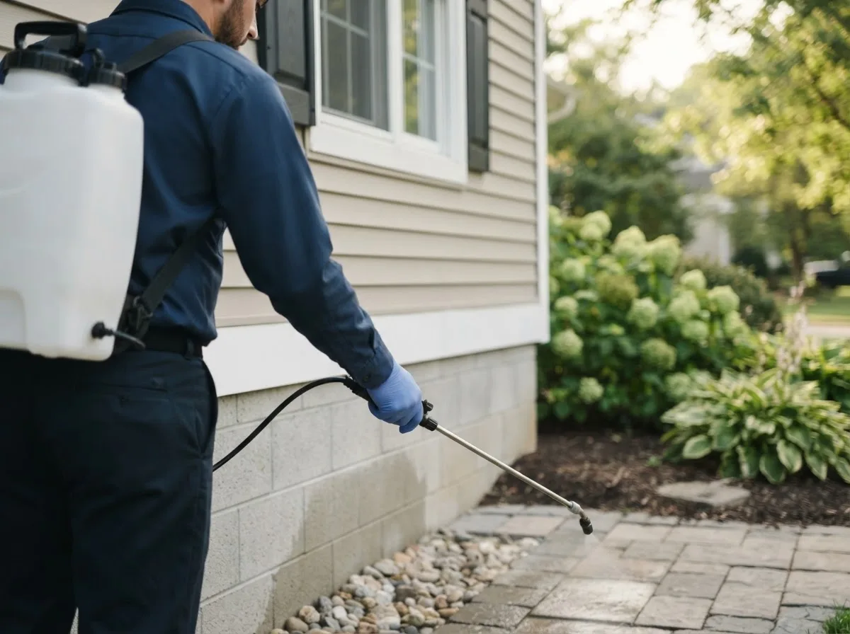 Pest control technician inspecting a home in Oswego, KS